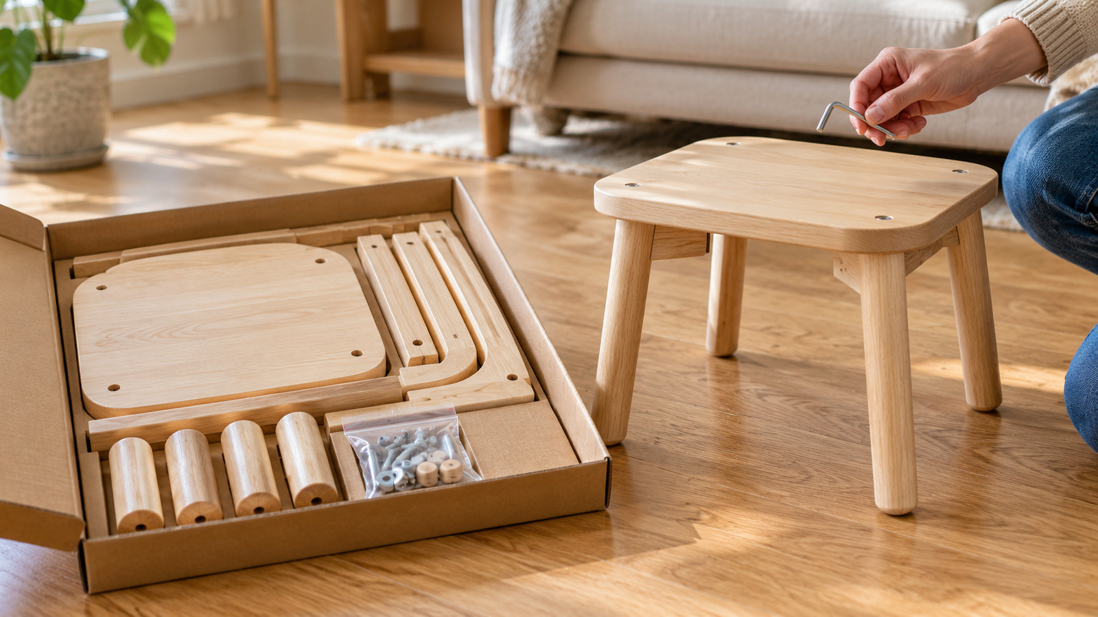 Illustration of a shallow carton of furniture parts beside a wooden stool and a hand holding an Allen key.
