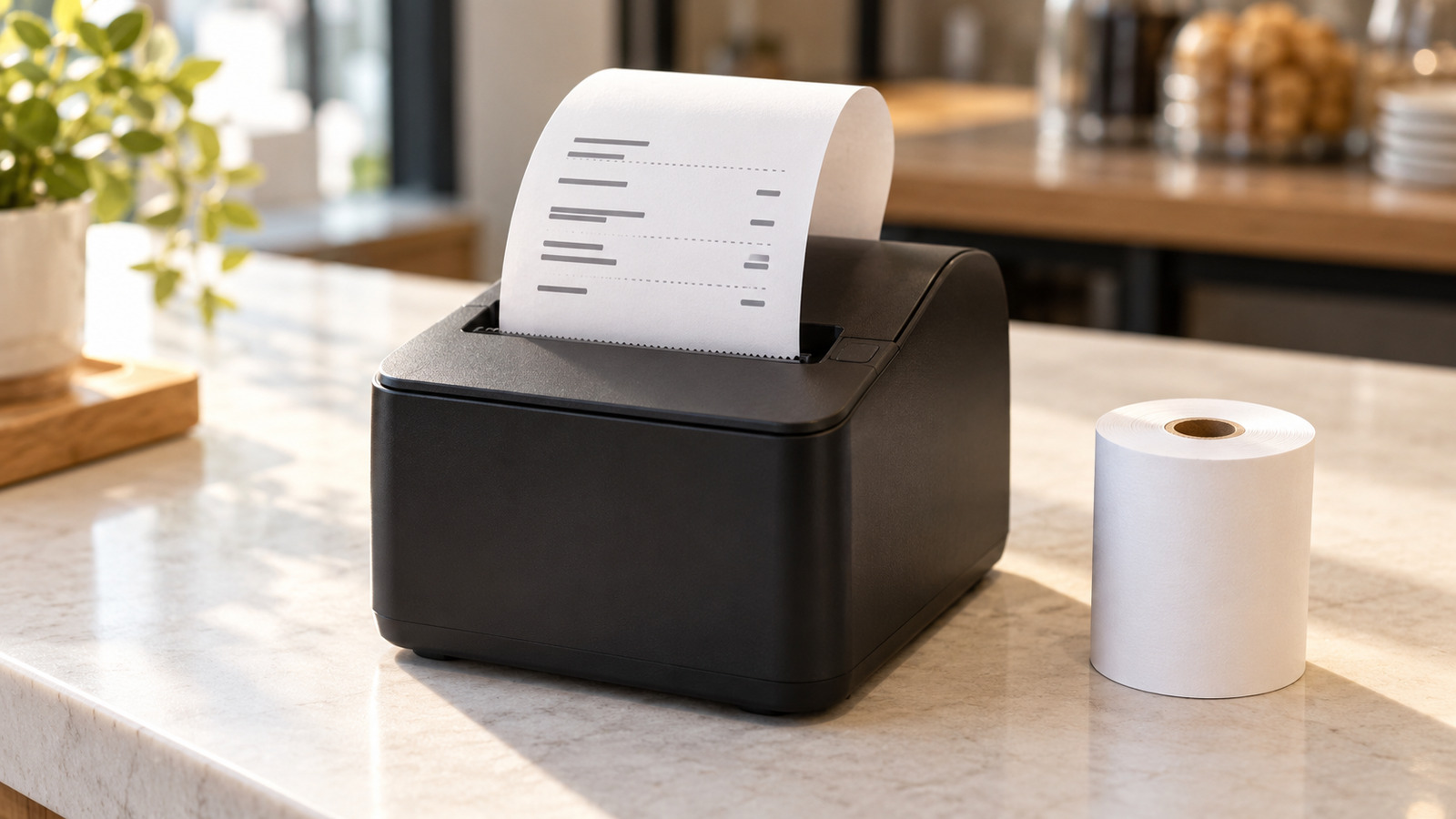 Illustration of an unbranded receipt printer with a curling printed strip and a spare white paper roll.