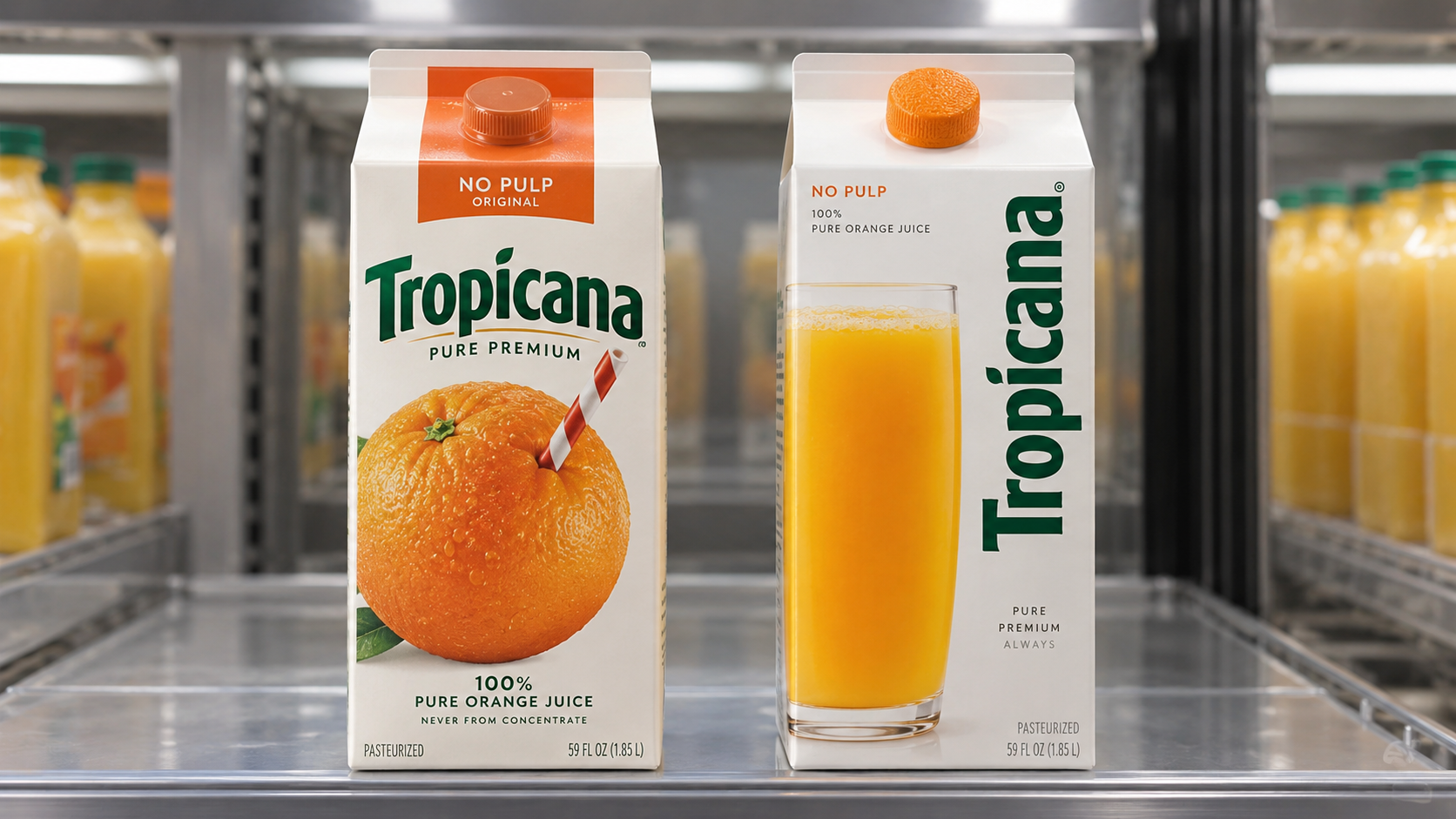 Editorial comparison of a familiar Tropicana-style carton with an orange and straw beside the minimal 2009-style carton