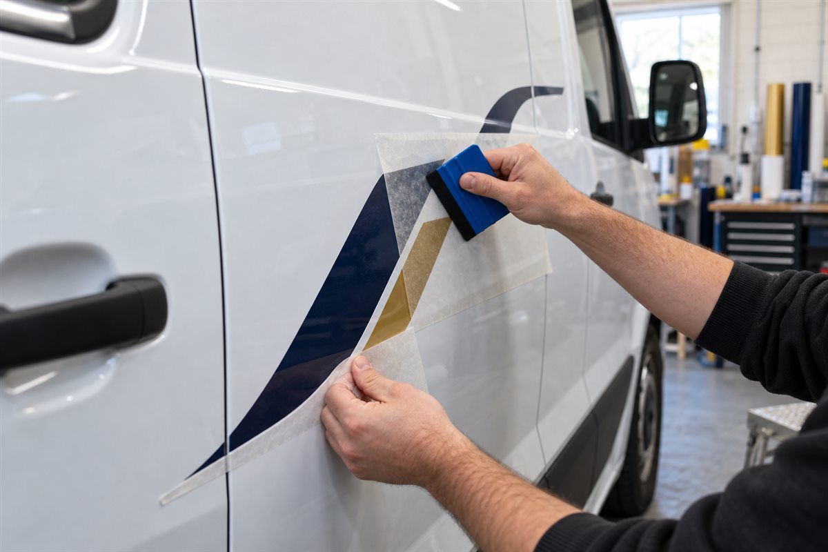 Illustration of cut vinyl graphics being applied to a white commercial van