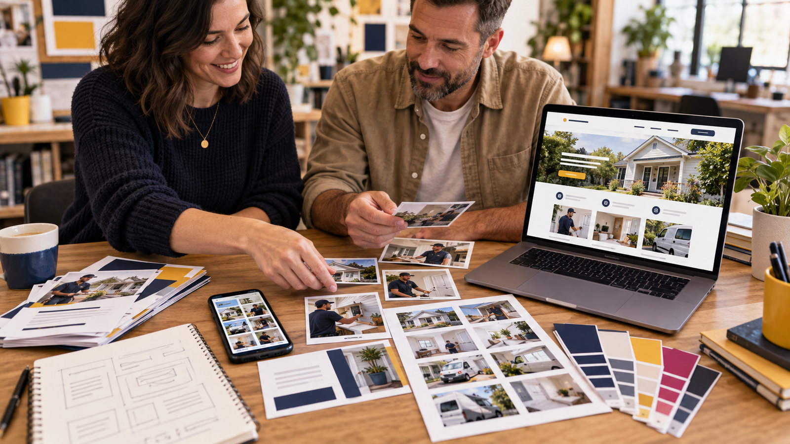 Business owners organising website content and photographs