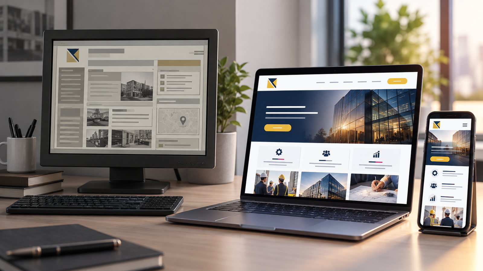 An older website layout beside responsive modern website layouts