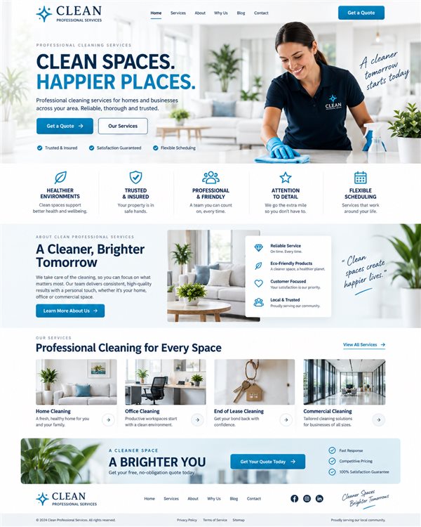 Cleaning services website layout with a bright blue-and-white layout and grouped services
