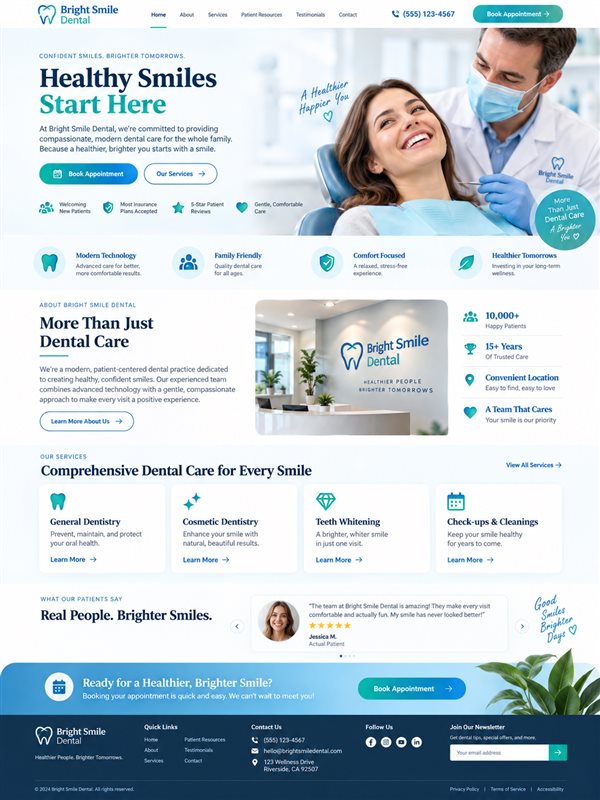 Dental website layout with blue and teal colours, welcoming imagery and service panels