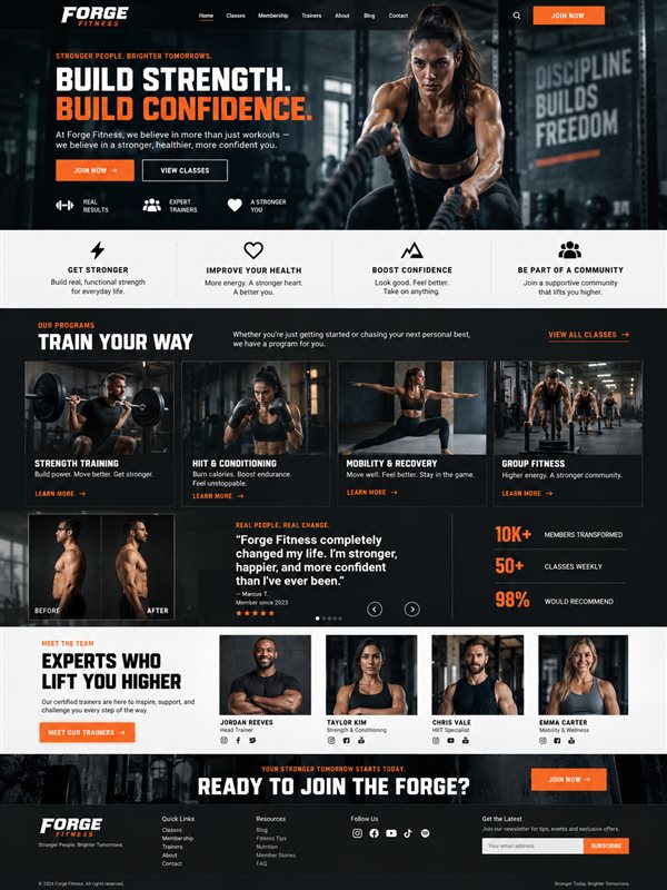 Fitness website layout with dark backgrounds, orange accents and training imagery