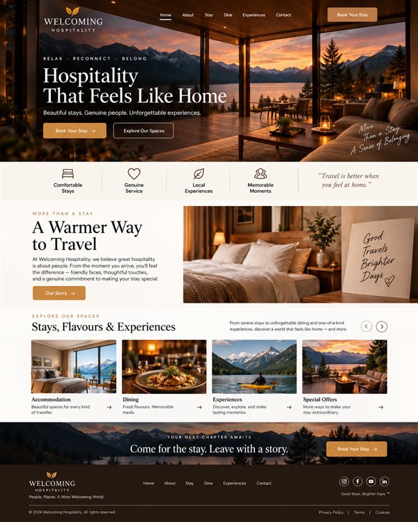 Hospitality website layout using warm colours, accommodation and landscape imagery