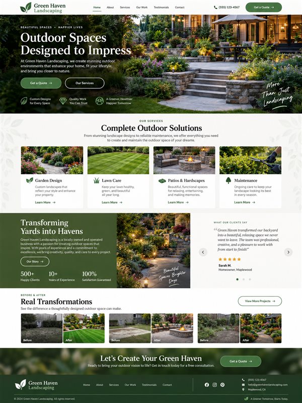 Landscaping website layout with green colours, garden imagery and service cards