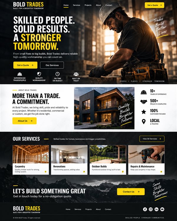 Trades website layout with a dark layout, yellow accents and construction imagery