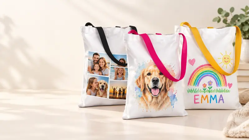 Representative personalised tote bags with photographs, pet artwork and a child's drawing