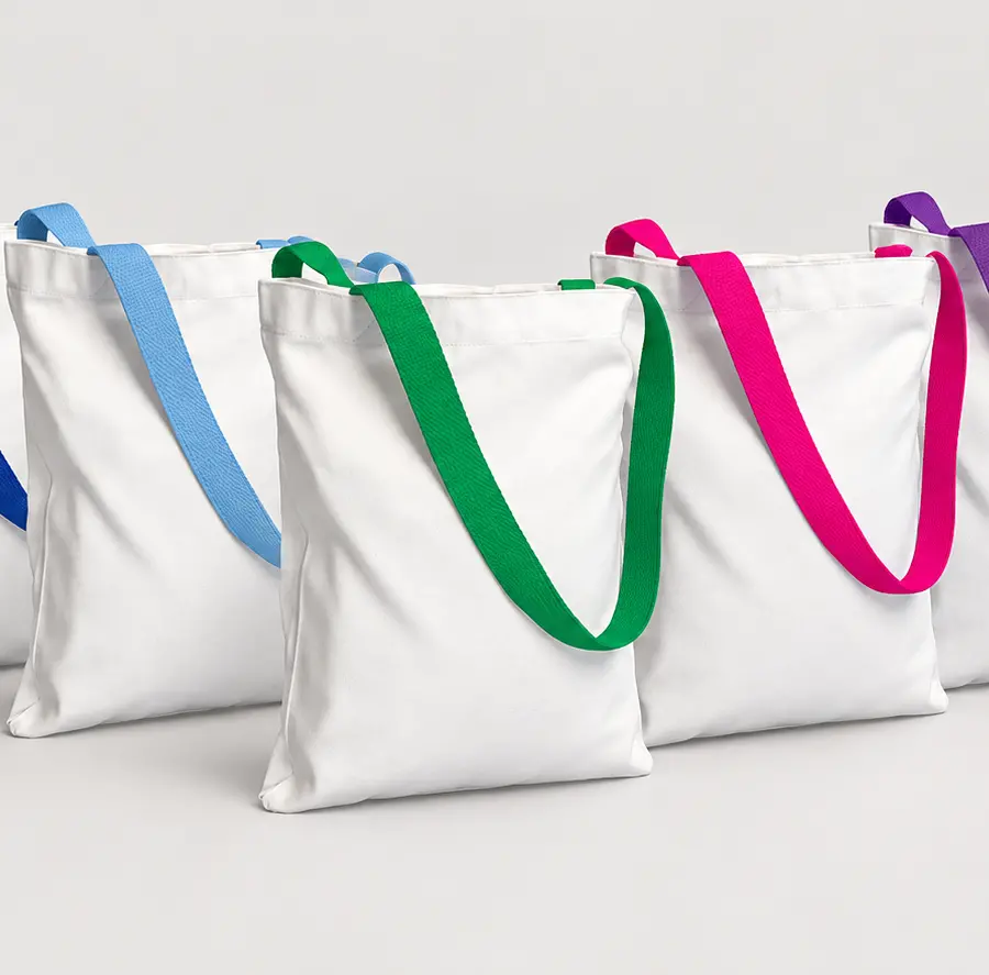 Representative white canvas tote bags with different coloured handles