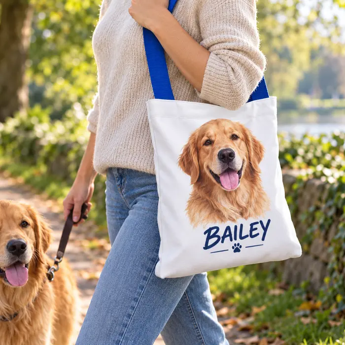 Representative personalised pet photo tote bag with a dog's name