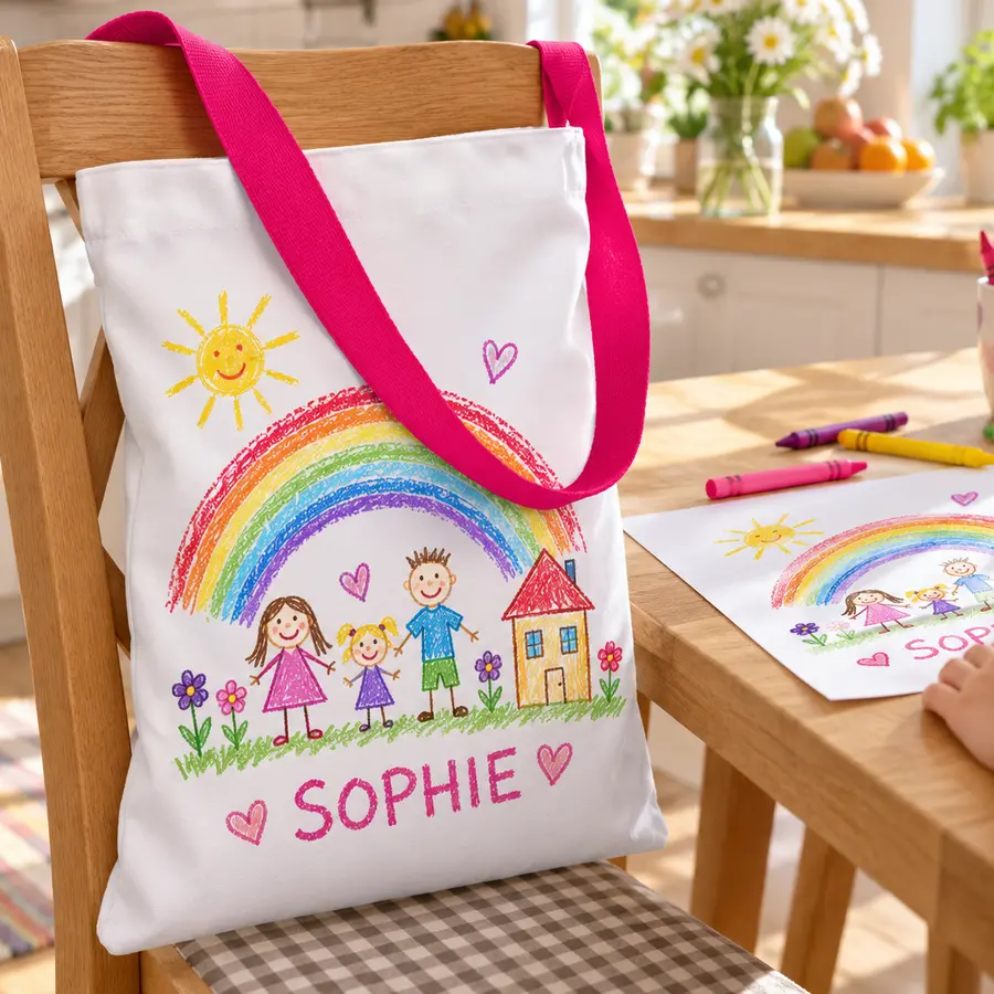 Representative personalised tote bag featuring a child's drawing and name