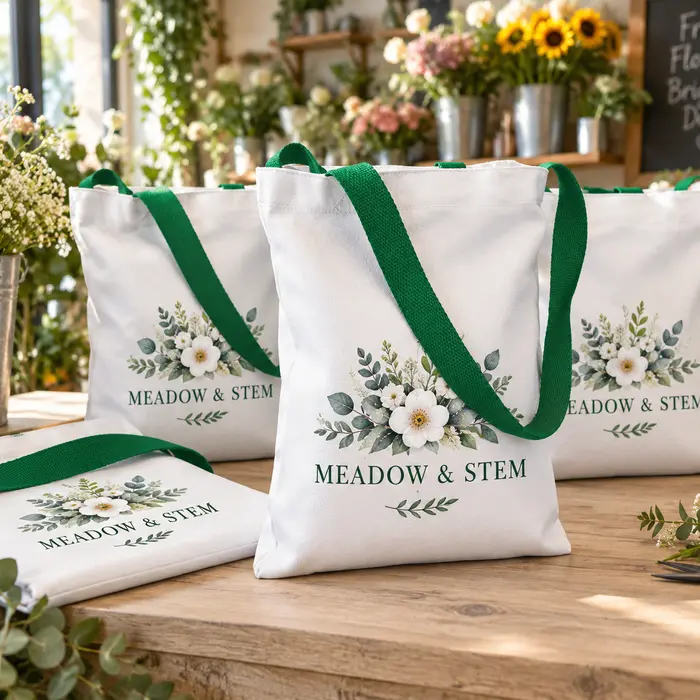 Representative branded canvas tote bags with a business logo