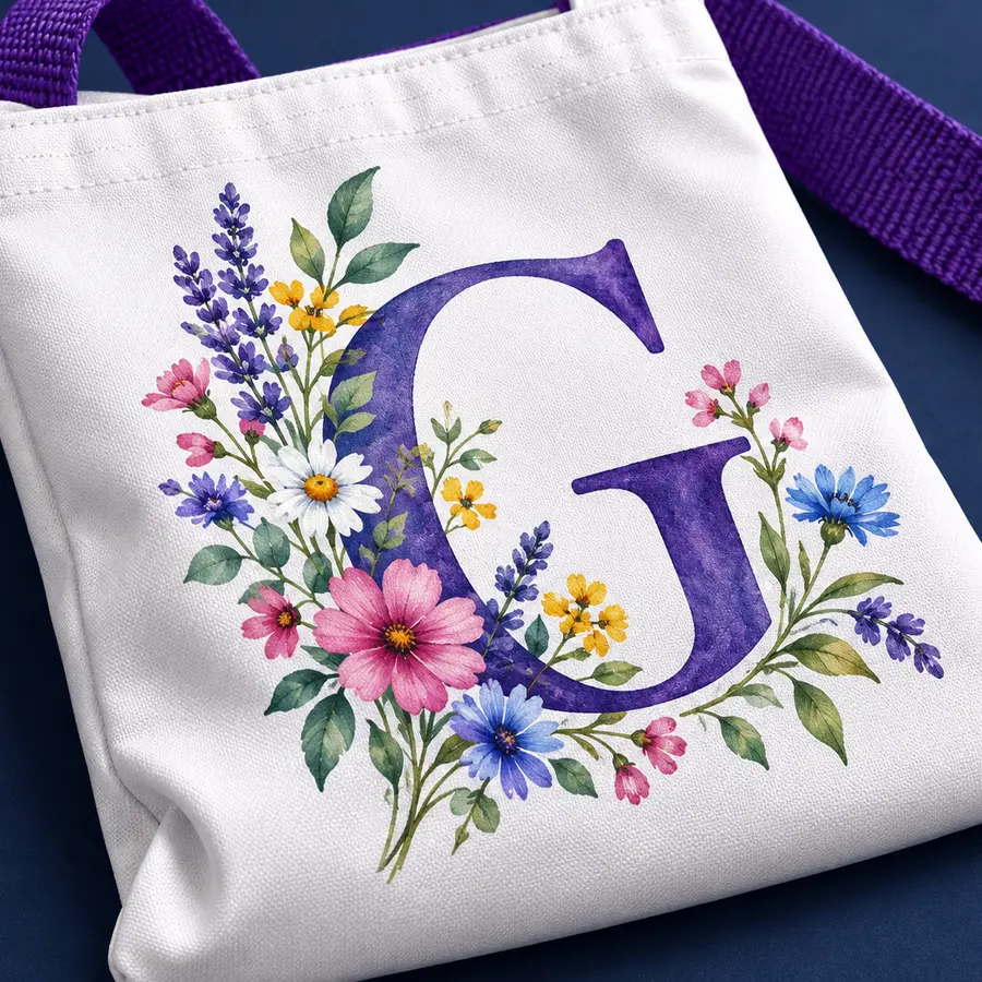 Representative close-up of a floral initial design on a personalised tote bag