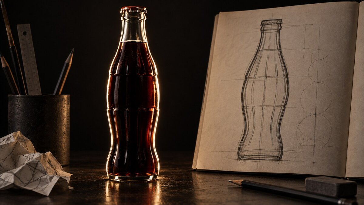 Conceptual contour bottle beside an invented pencil design study.