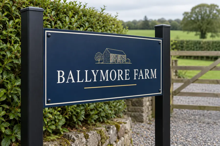 Representative custom farm name sign at a private entrance