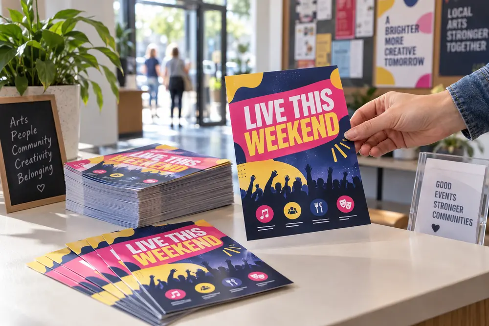 Representative event and community flyers displayed at a venue