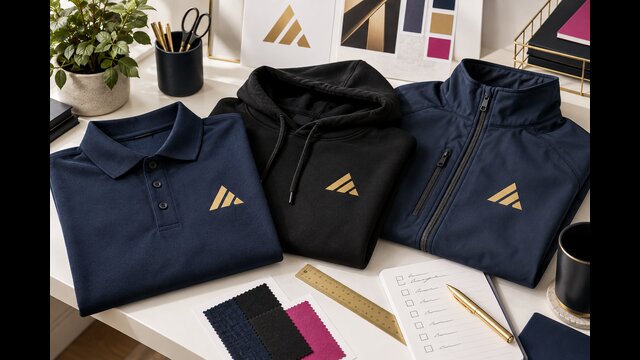 Navy polo shirt, hoodie and jacket arranged beside artwork colour samples