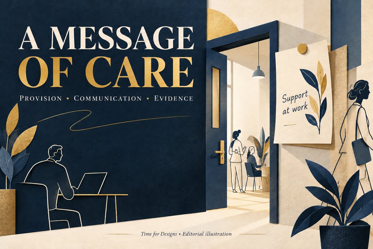 Editorial illustration combining a message of care with a stylised workplace scene