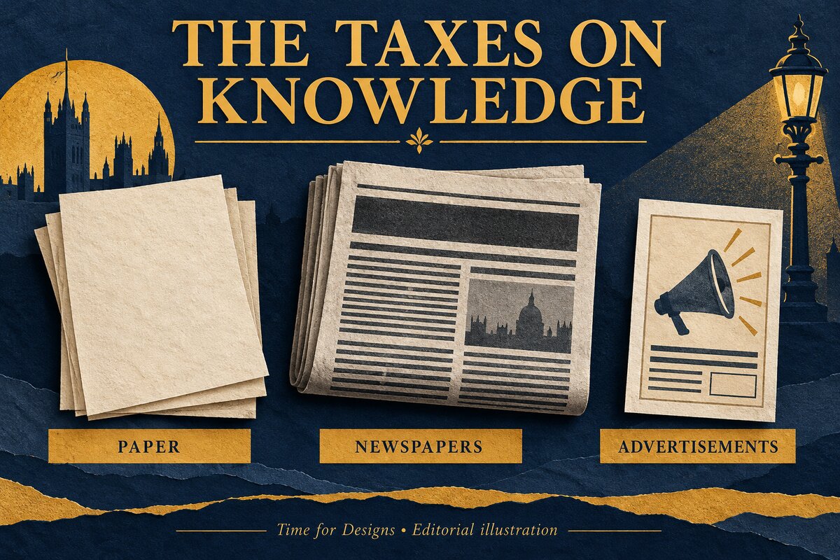 Original editorial illustration of paper, newspaper and advertising taxes