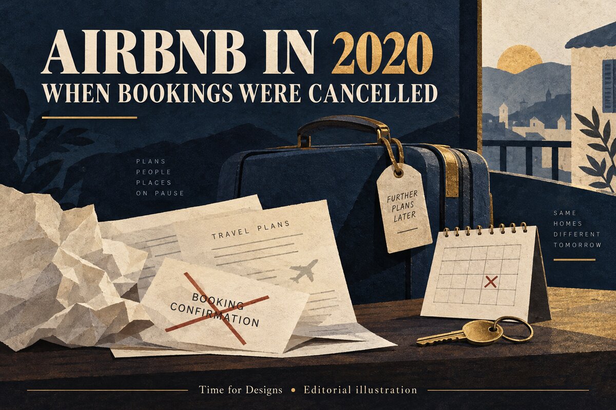 Editorial illustration of cancelled booking papers and keys under an Airbnb in 2020 heading