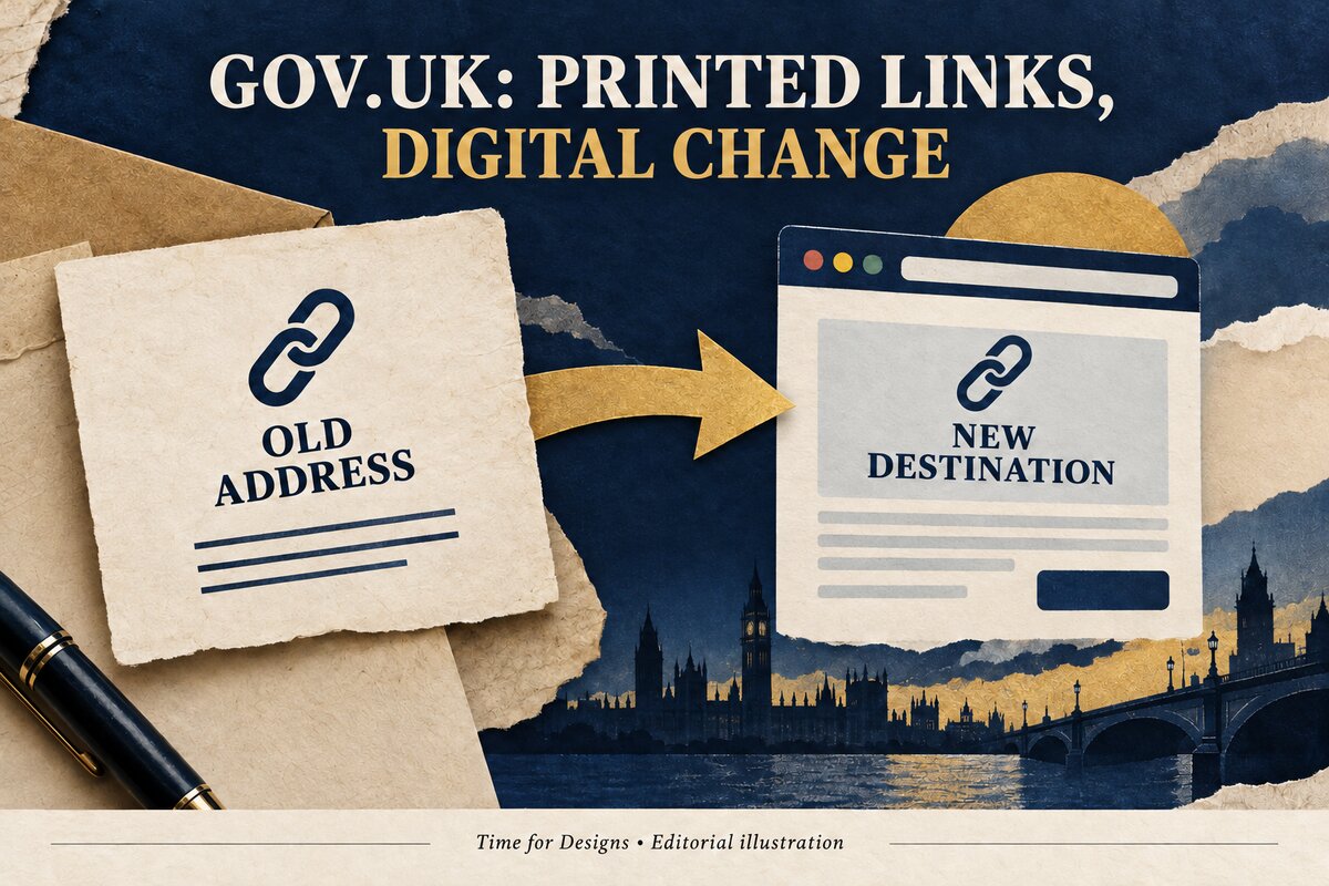 Editorial illustration connecting an old printed address with a new web destination