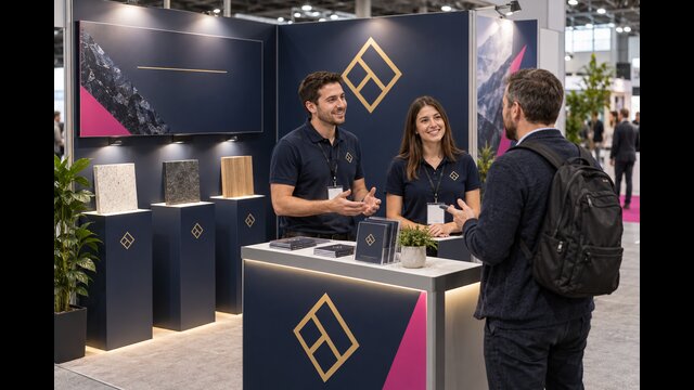 Concept of staff greeting a visitor at a trade-show stand with samples and printed displays