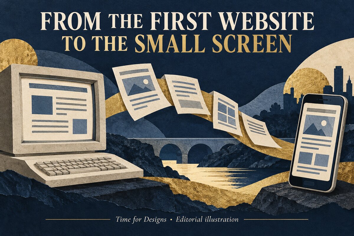 Editorial illustration of an early desktop computer, printed pages and a modern smartphone
