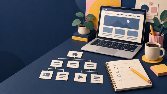 Illustration of a laptop, printed website pages and a checklist on a planning desk
