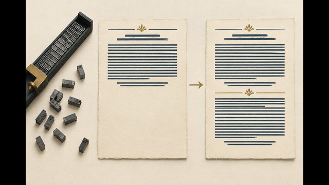 Explanatory composition of metal type and two printed sheets showing a two-stage printing process