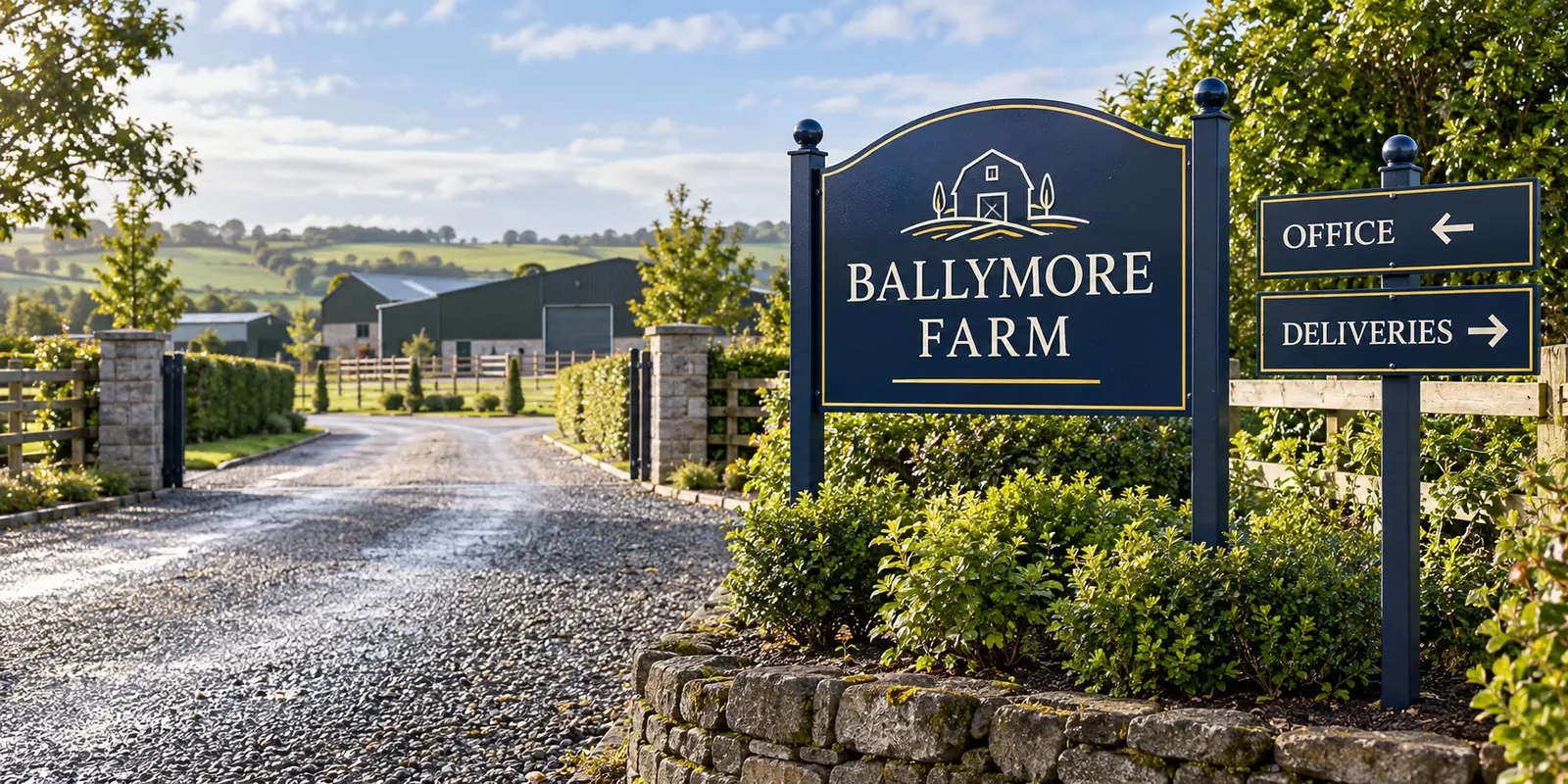 Representative farm entrance sign with separate office and deliveries directions