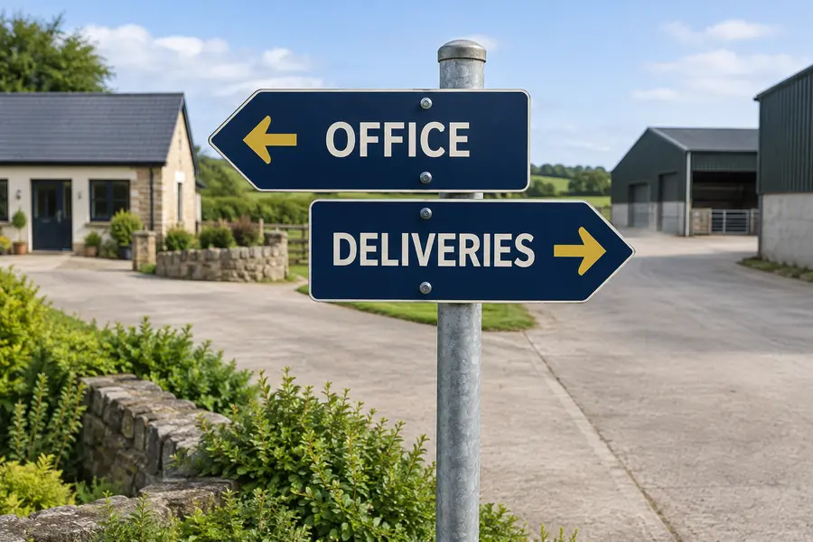 Representative arrow signs directing visitors to office and deliveries
