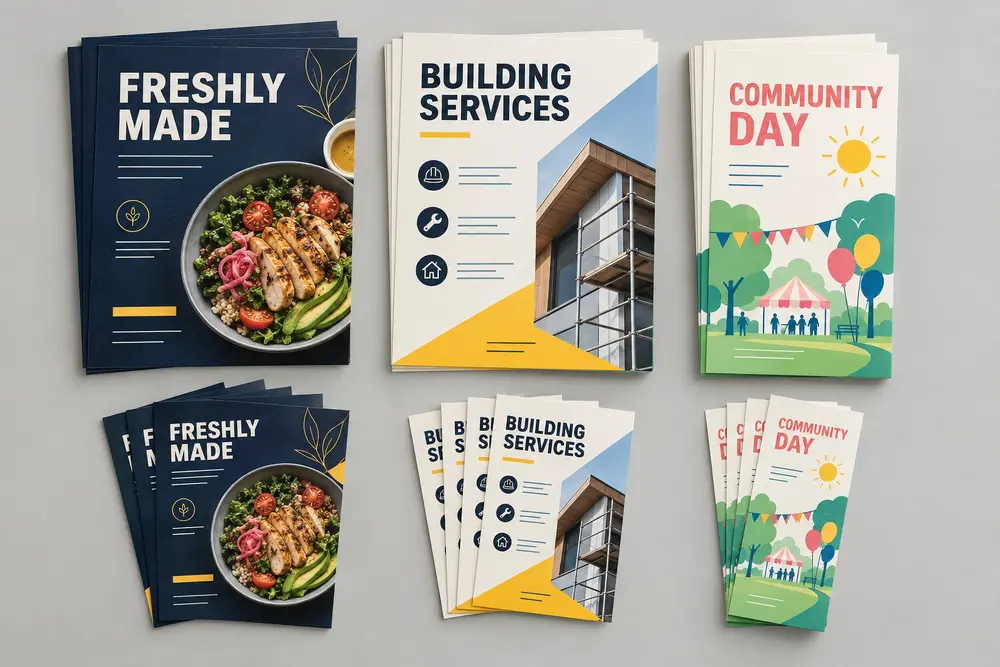 Representative flyer designs for food, building services and a community event
