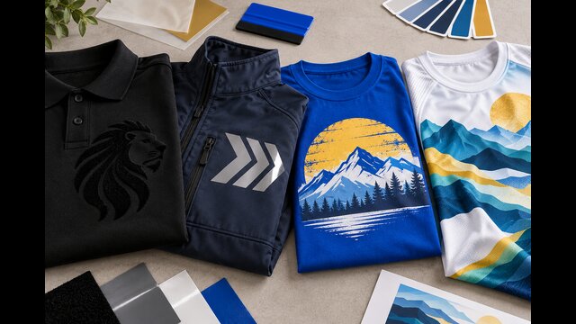 Navy polo shirt, hoodie and jacket arranged beside artwork colour samples
