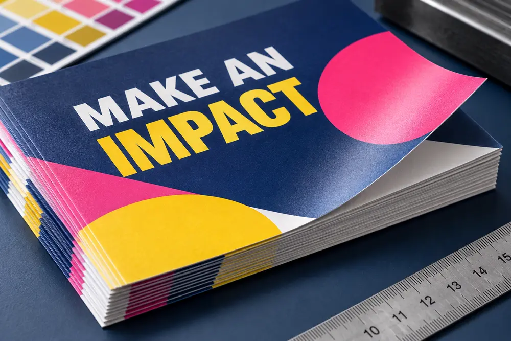 Close view of a colourful printed promotional flyer