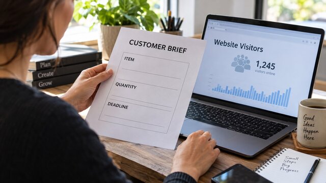 One business owner at a desk comparing a laptop showing an anonymous busy website visitor counter with a concrete paper customer brief in their hand