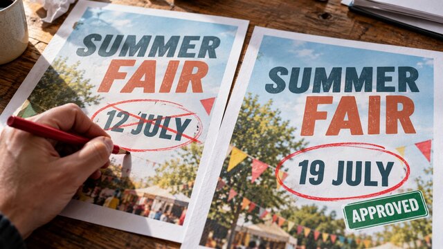 Two fictional Summer Fair proofs with a corrected date and approved version