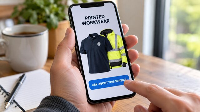 Close realistic smartphone held in hand showing a fictional small-business service page with one large obvious button 'ASK ABOUT THIS SERVICE', short clear heading 'PRINTED WORKWEAR' and garment image