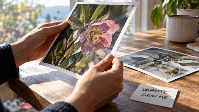 Person holding a physical print sample against light while another sample lies beside it, visible sharp printed botanical detail and neatly trimmed edge
