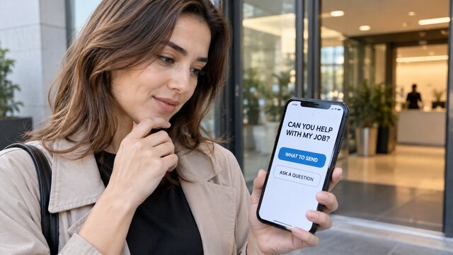 A thoughtful person holding a phone near a modern business entrance, phone displays clear fictional page heading 'CAN YOU HELP WITH MY JOB?' with simple choices 'WHAT TO SEND' and 'ASK A QUESTION'