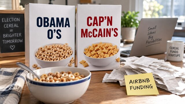Original illustrative election cereal boxes and startup funding papers