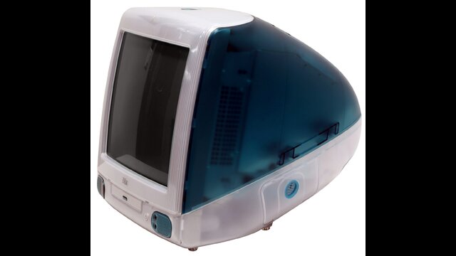 A translucent Bondi Blue iMac G3 in three-quarter view