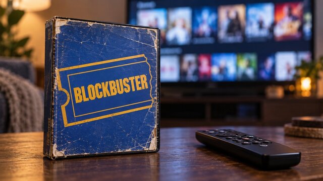 Conceptual Blockbuster rental case beside a streaming television