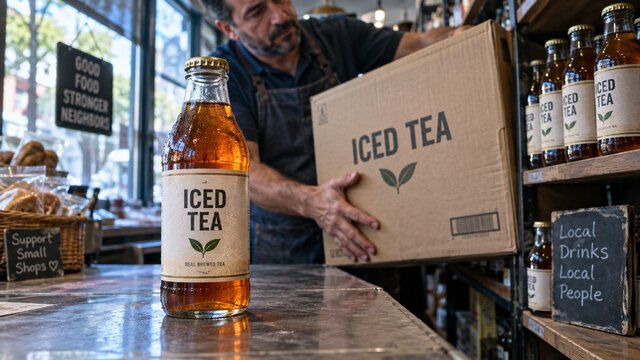 Conceptual iced-tea bottle and bulk case in a fictional small shop