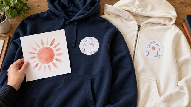 Comparing pullover and zipped hoodies while planning artwork positions