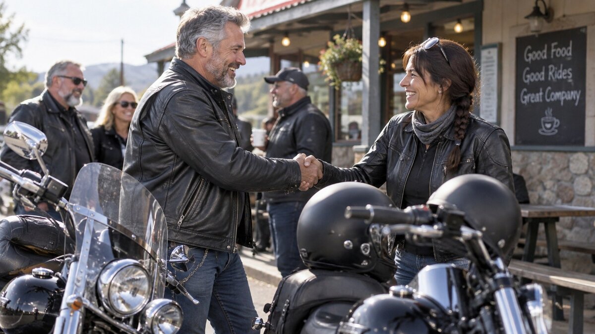 Illustrative motorcycle riders greeting outside a cafe