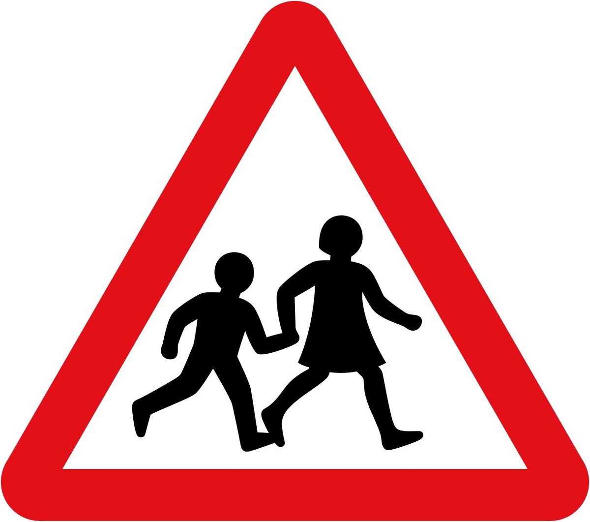 British children warning road-sign diagram with a red triangle and two children