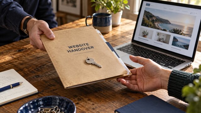 Illustrative photographic concept of hands passing a website handover folder with a key beside a laptop.