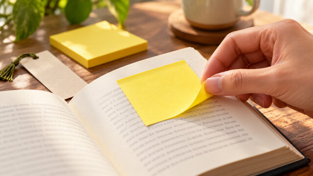 Illustrative close-up of a hand lifting a yellow sticky note from an open book, with a note pad nearby.