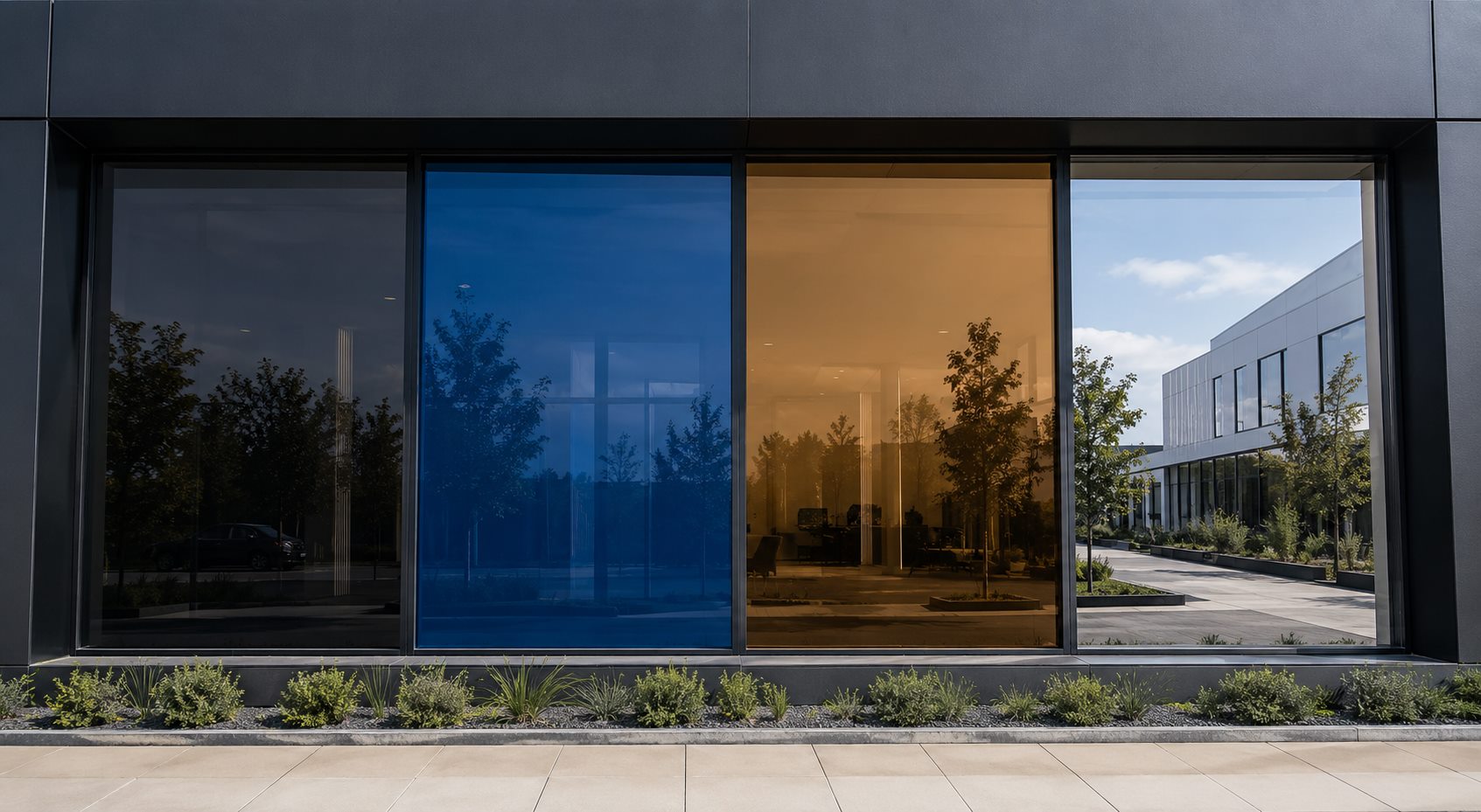 Example showing different coloured film effects on commercial window panels